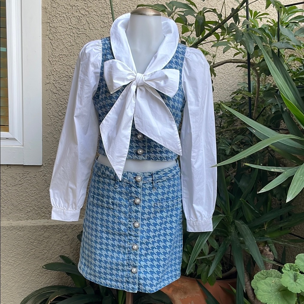NewBlue Houndstooth Urban Revivo Cotton Skirt Set with Bow Detail